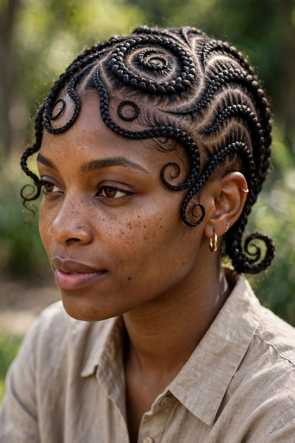 Black woman with tanavoho braids, crown braids with puffs framing the head
