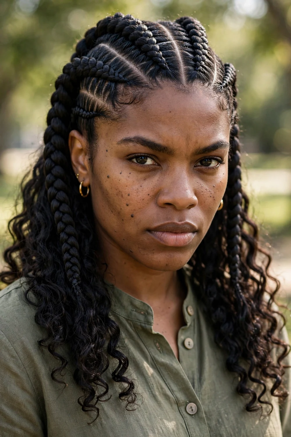 Black woman with french curl braids, braids transitioning to bouncy curls