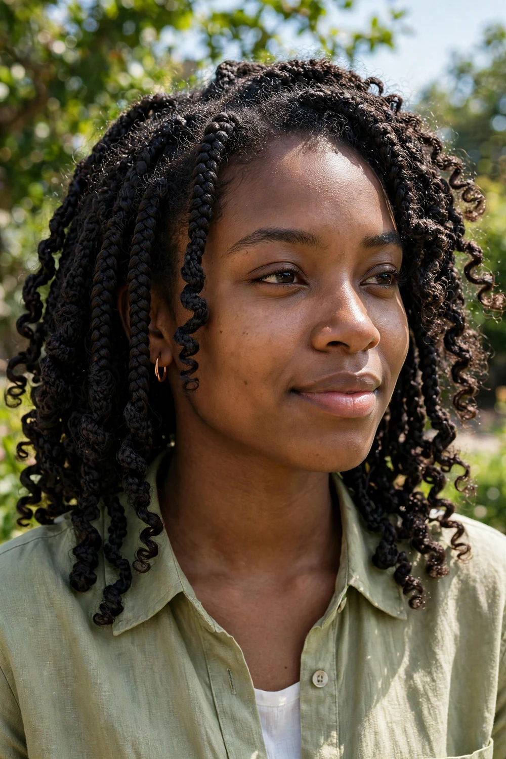 Black woman with curly faux locs, textured locs with curly ends