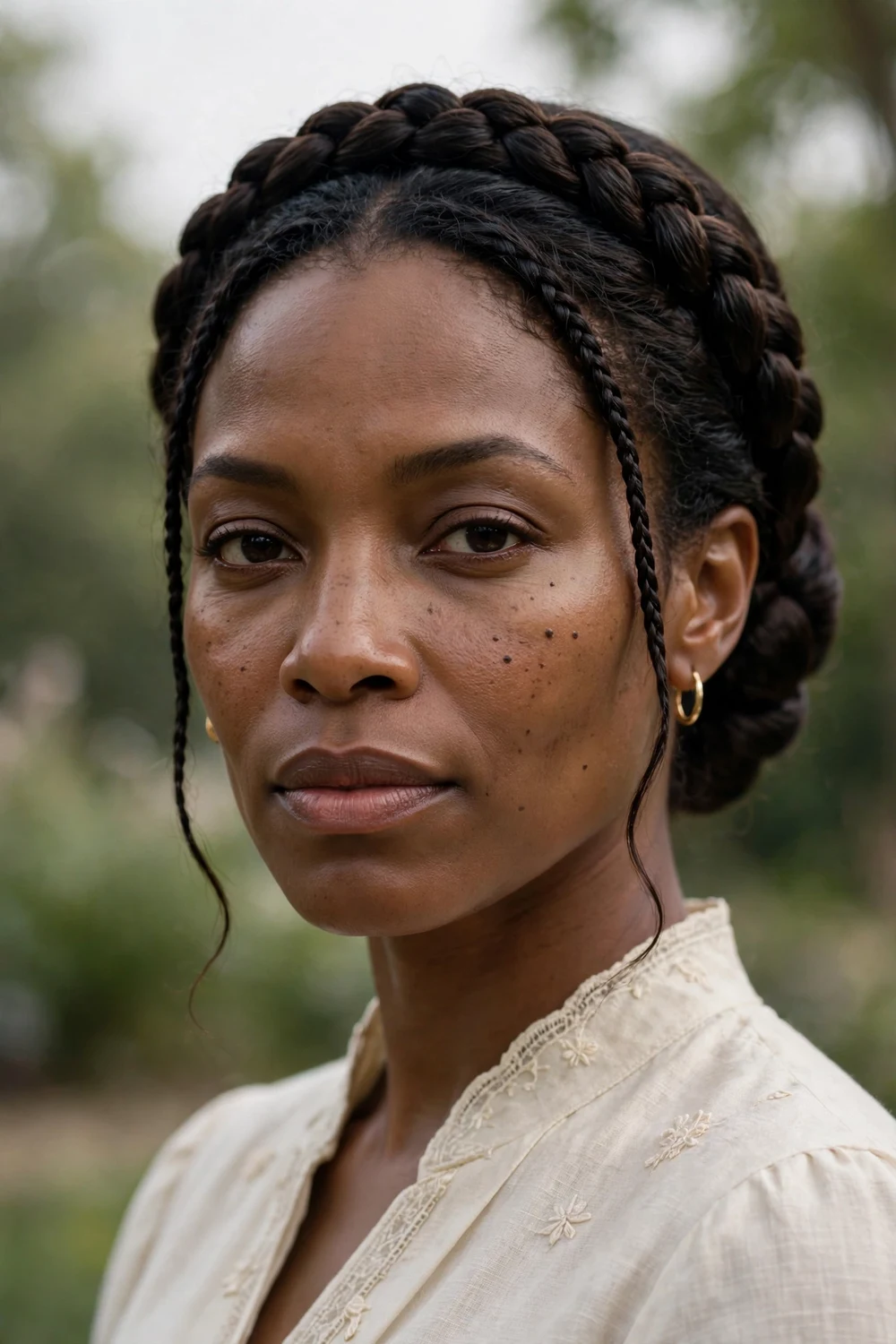 Black woman with braided crown, halo braid encircling the head