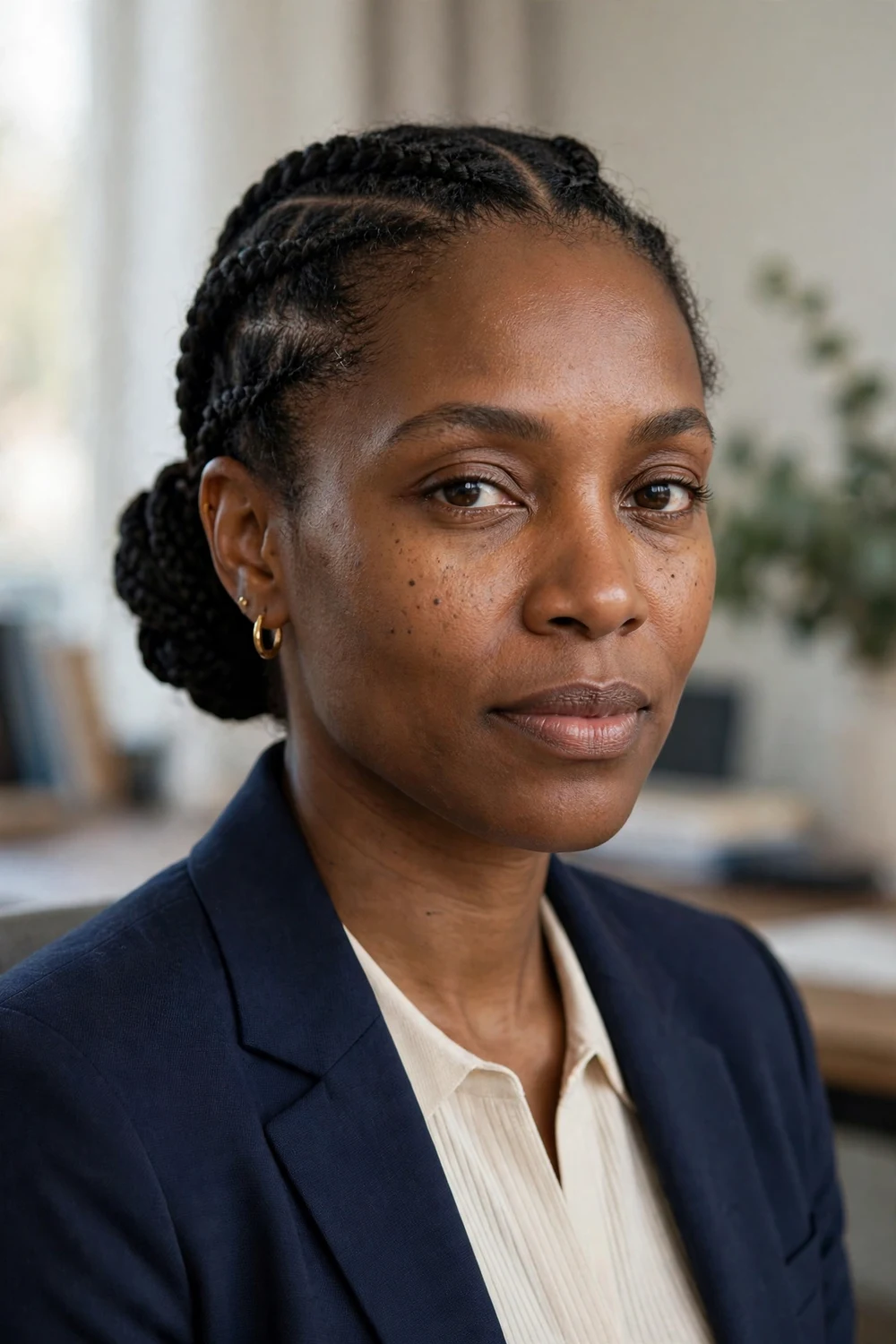 Black woman with cornrow bun, cornrows gathered into a neat bun