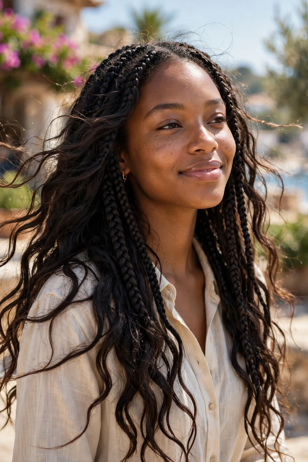 Black woman with low braided bun, clean scalp pattern, elegant low bun