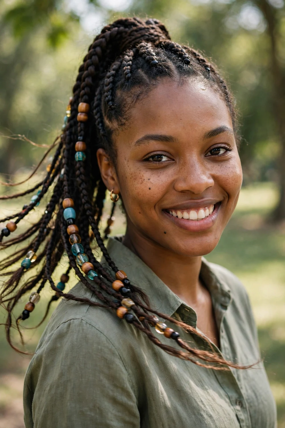 Black woman with sculpted braided top bun, red bun with scalp design
