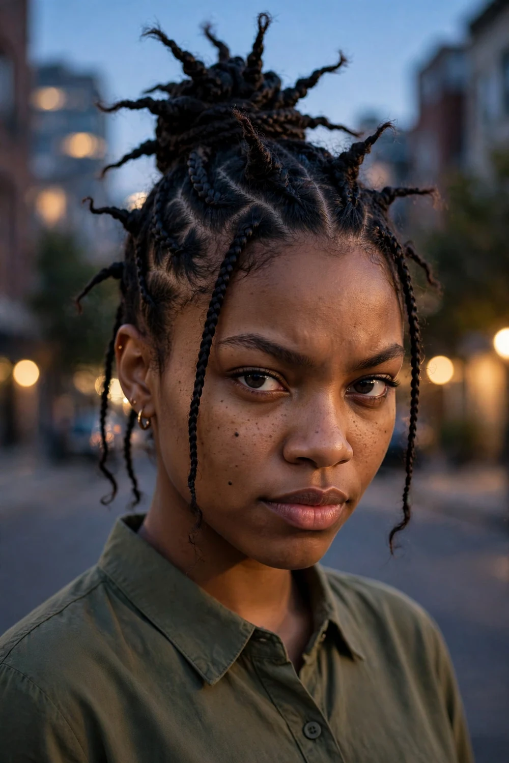 Black woman with braided spike bun, edgy spiked updo with braids