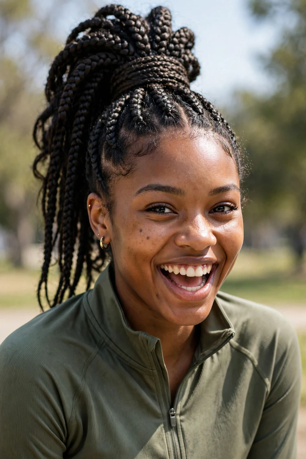 Black woman with beaded braided ponytail, ponytail with decorative beads