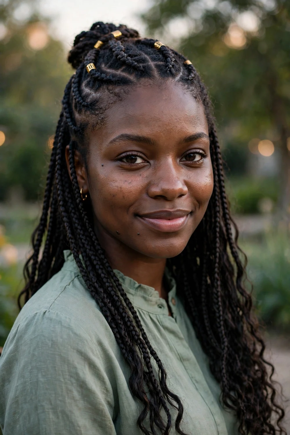 Black woman with half-up braided style, crown braids with loose length