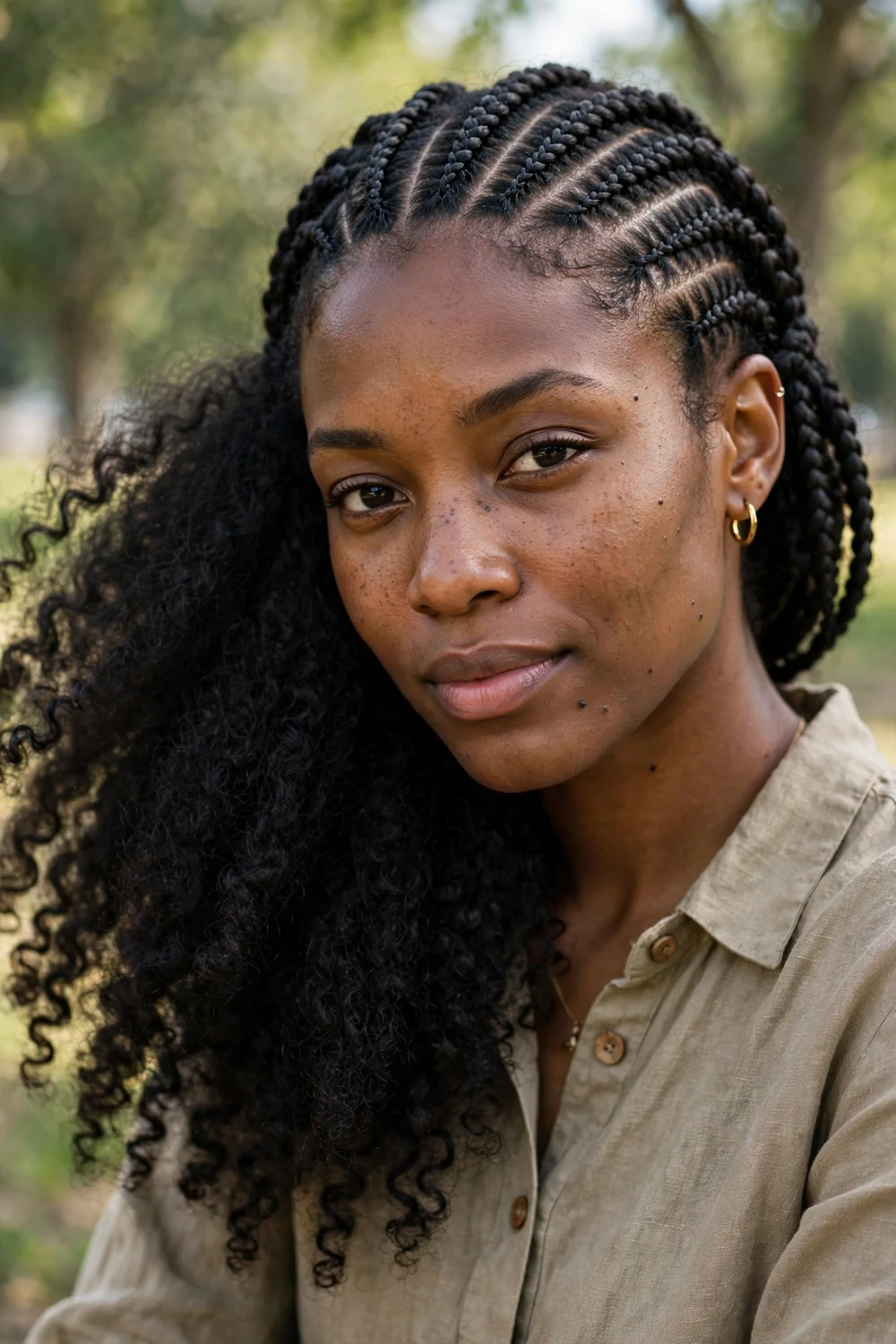 Black woman with braided faux hawk, center braids raised with shaved-look sides