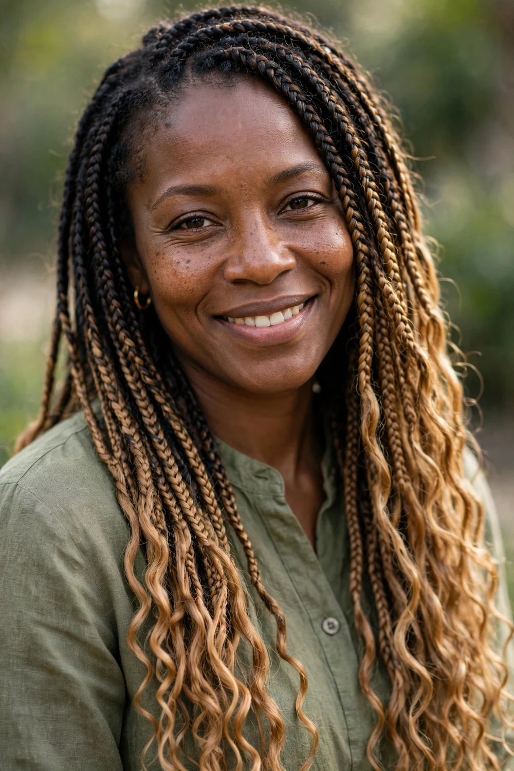 Black woman with pigtail braids, two braided pigtails with youthful style