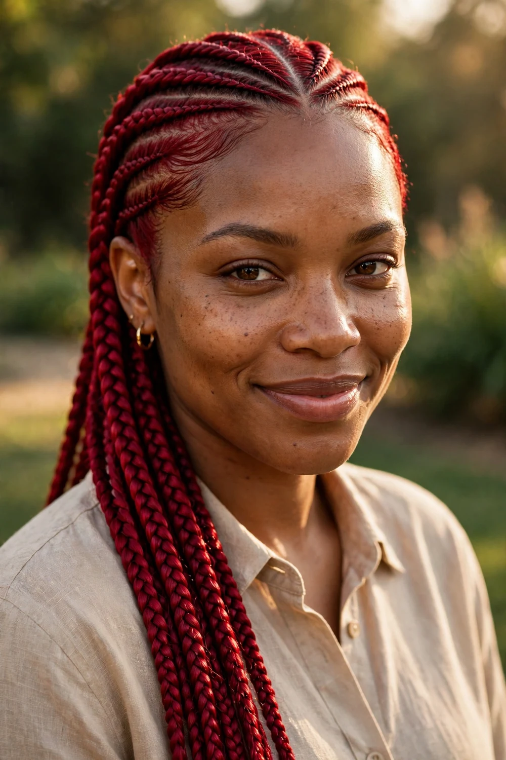 Black woman with bold color braids, deep red braids with sleek finish