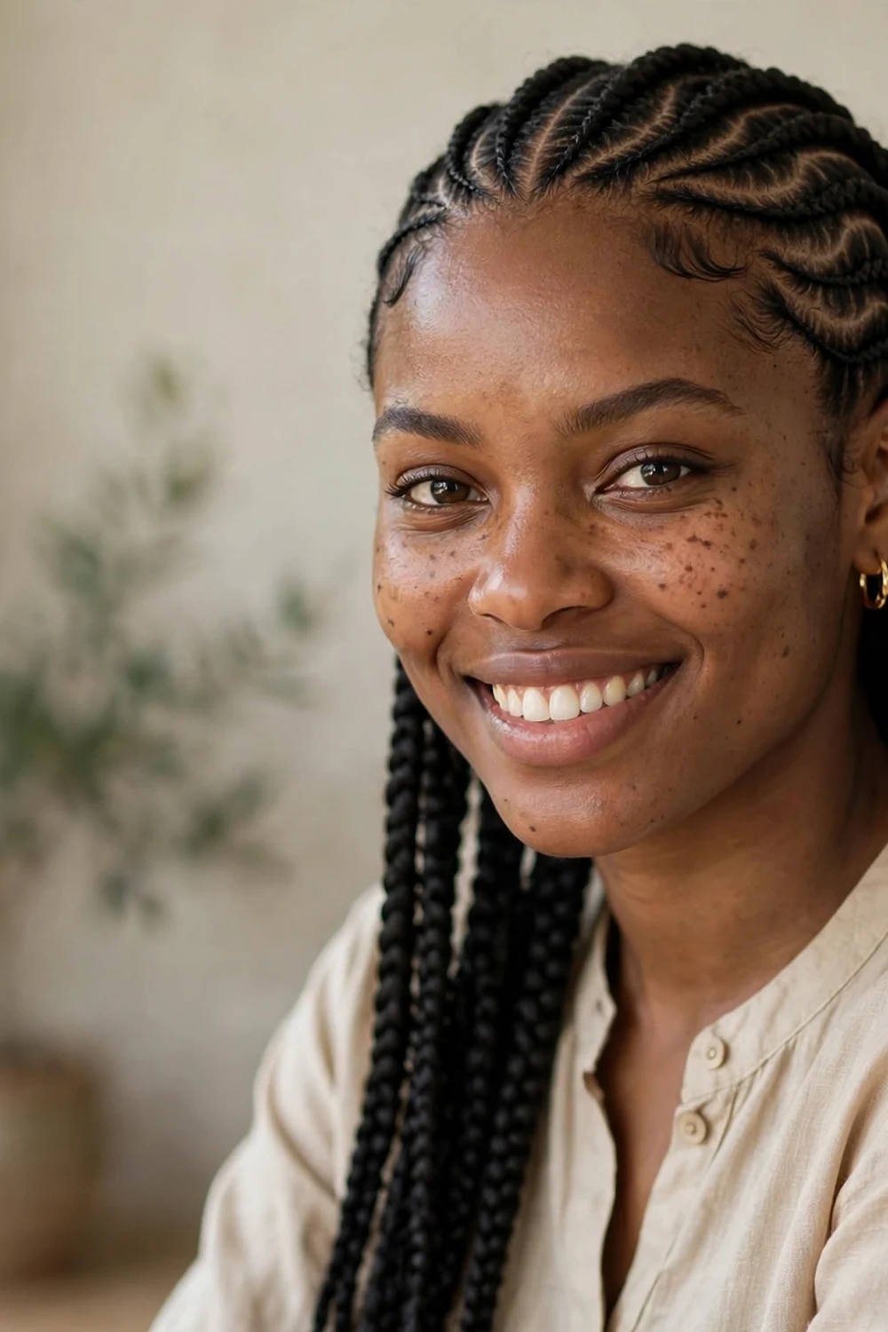 Black woman with two-tone ombre braids, honey-toned gradient with movement