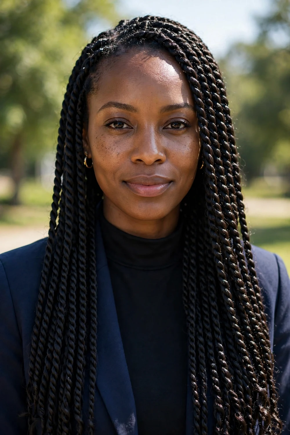 Black woman with passion twists, textured springy twists with natural feel