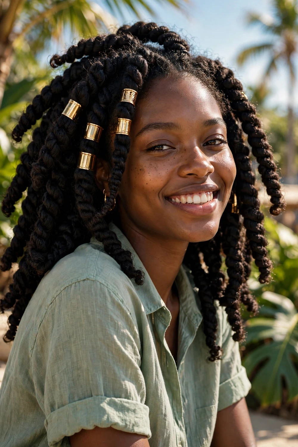 Black woman with kinky twists, natural-textured twists with full volume