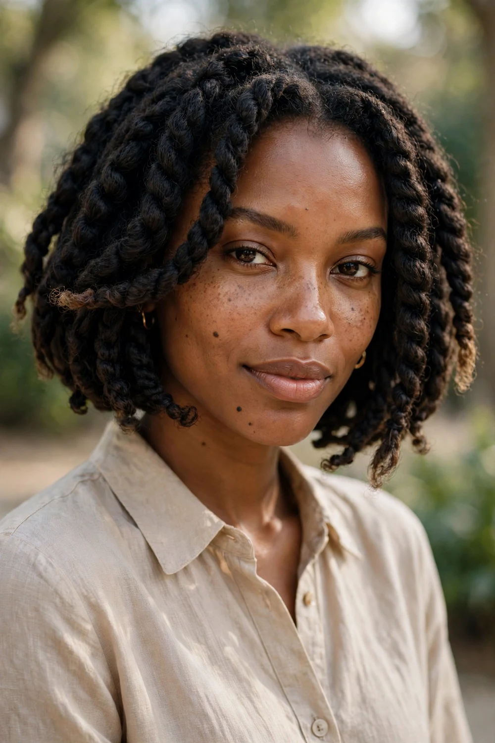 Black woman with jumbo island twists, large rope twists with tropical feel