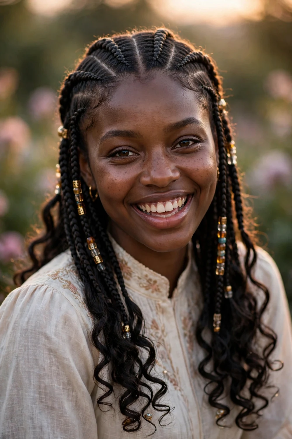 Black woman with fulani braids with curls and beads, soft romantic finish