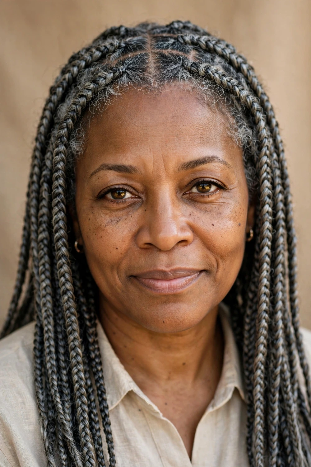 Black woman in her early 50s with classic medium box braids in a salt-and-pepper gray blend past her shoulders