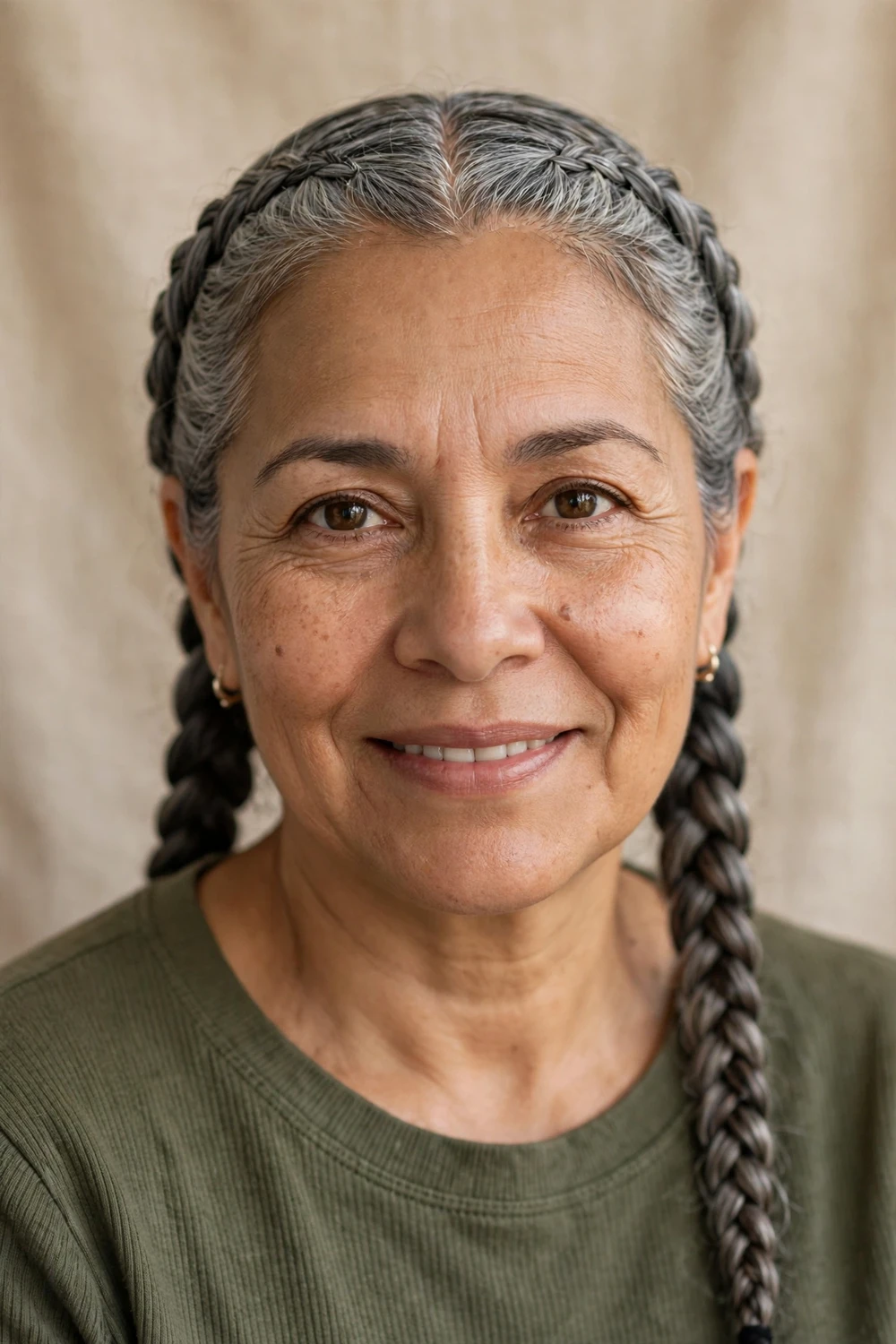 Latina woman in her early 50s with two neat gray Dutch braids from hairline to nape