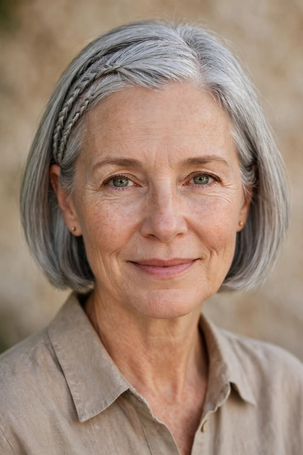 White woman in her mid 50s with a short silver-gray bob and two thin accent braids at one temple