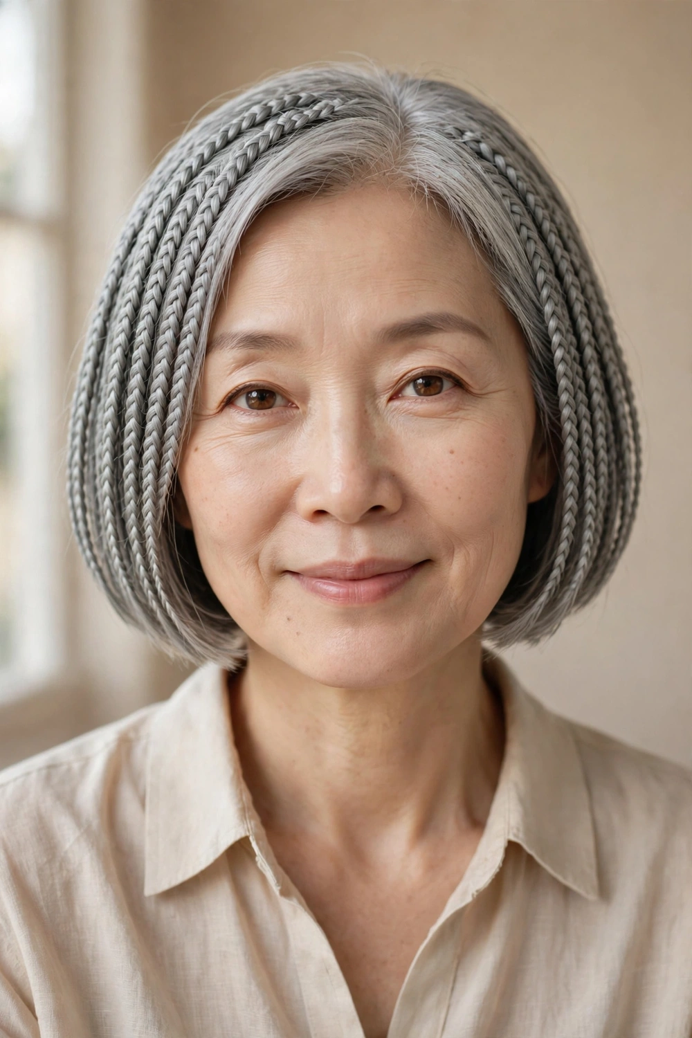 East Asian woman in her 50s with a chin-length gray braided bob ending at the jaw