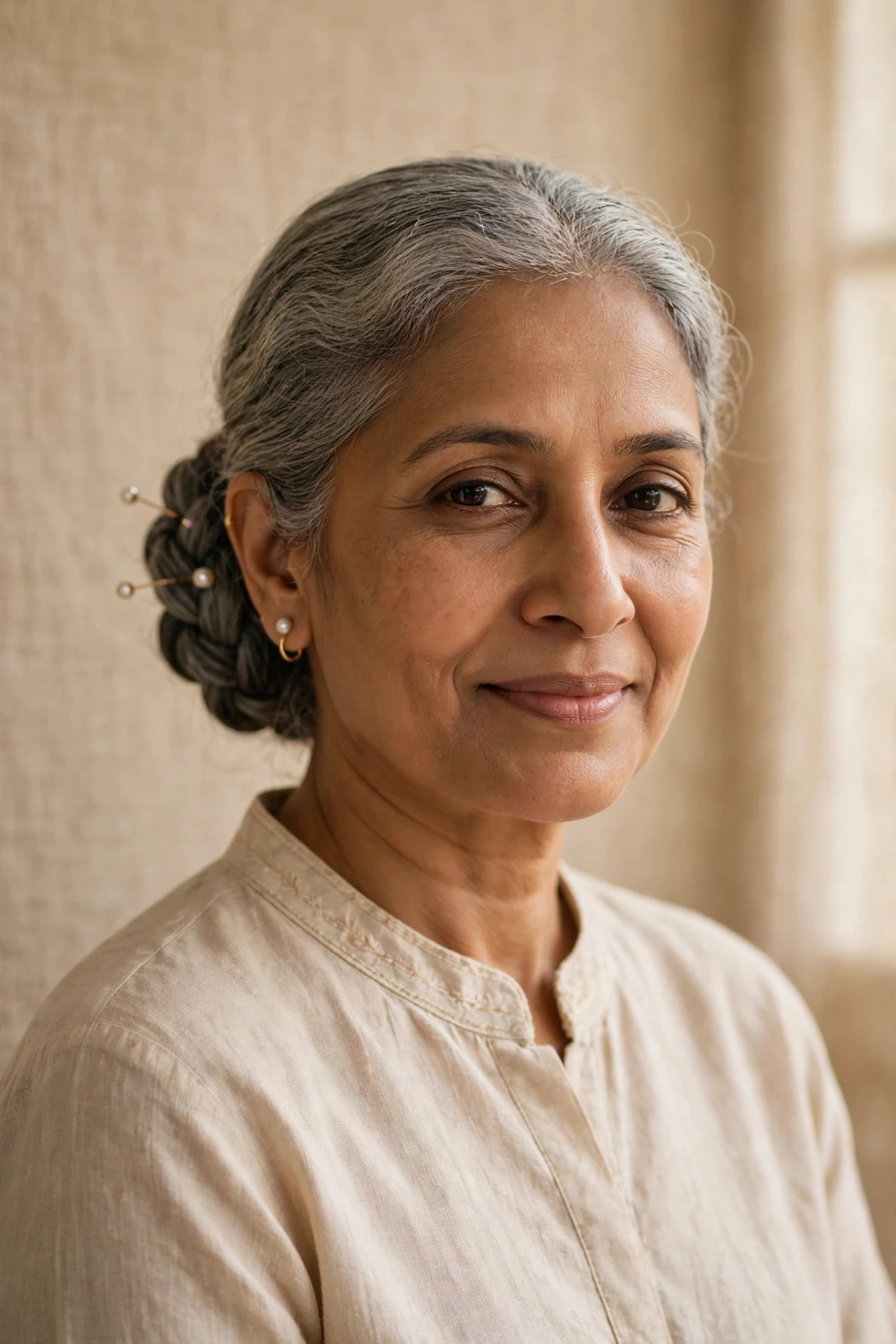 South Asian woman in her early 50s with a gray braided bun at the nape with small pearl pins