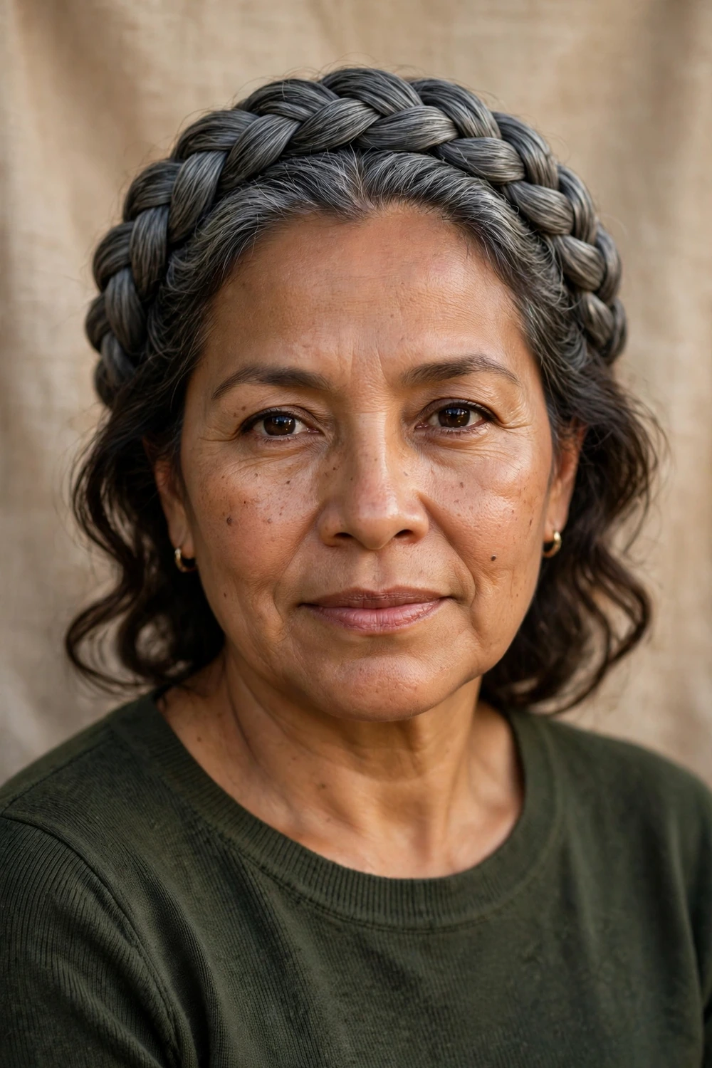Latina woman in her 50s wearing an elegant gray braided crown halo around her head
