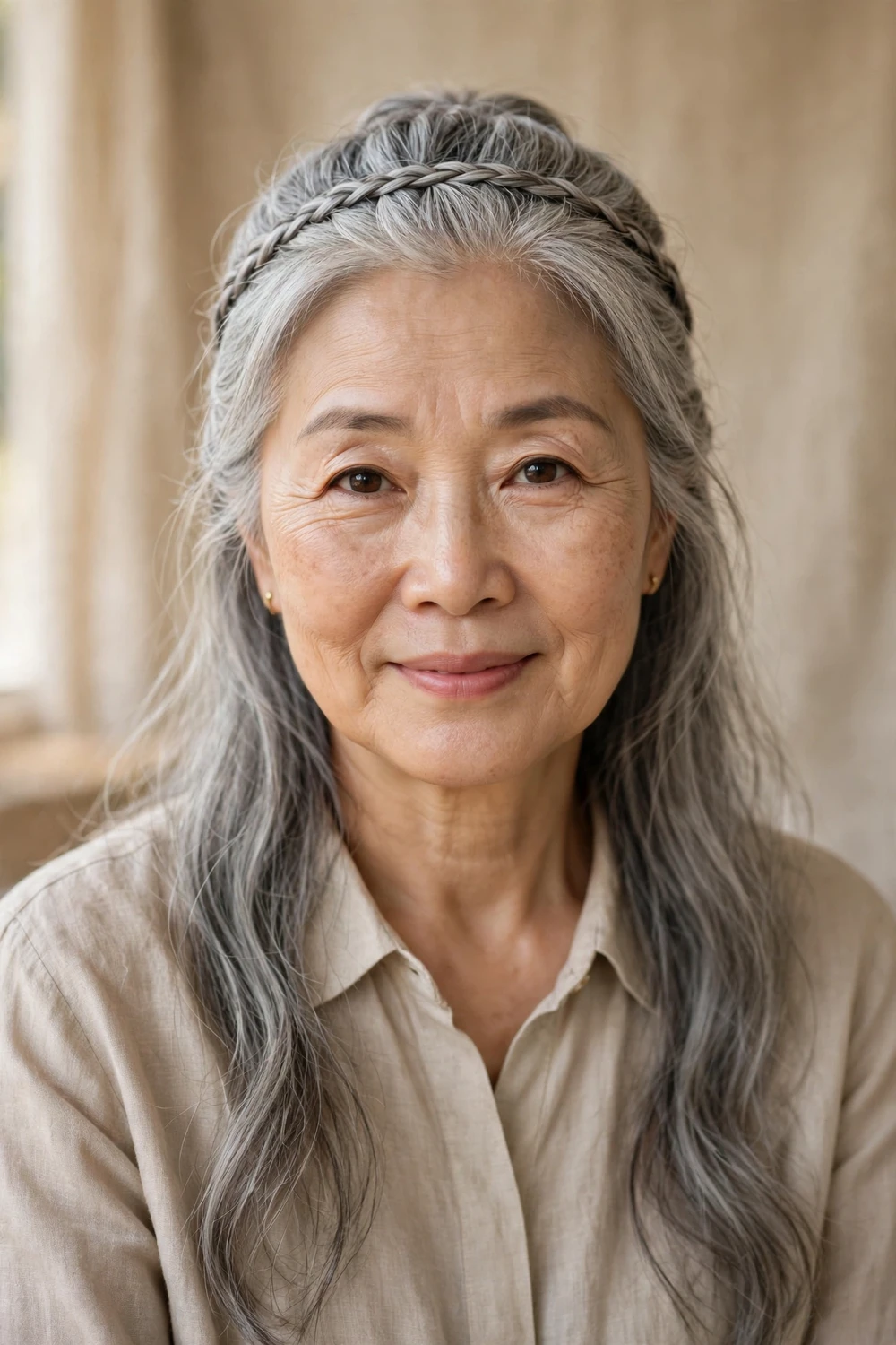 East Asian woman in her 60s with long silver-gray hair half-up with a slim braid across the crown