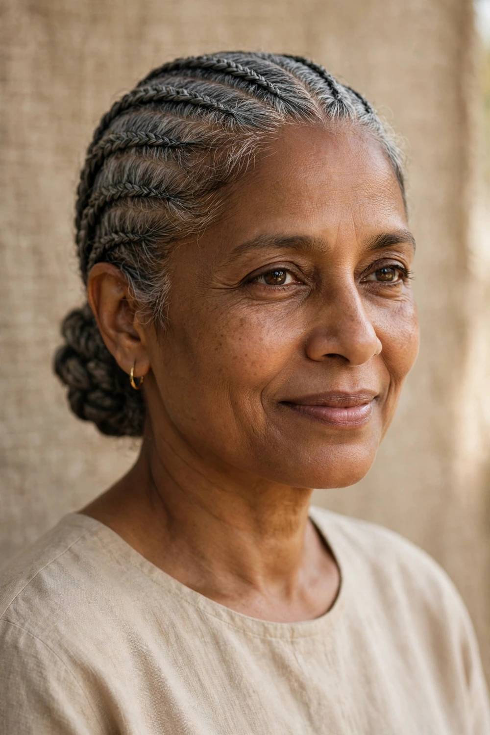 South Asian woman in her 50s with neat gray cornrows swept back into a low braided bun at the nape