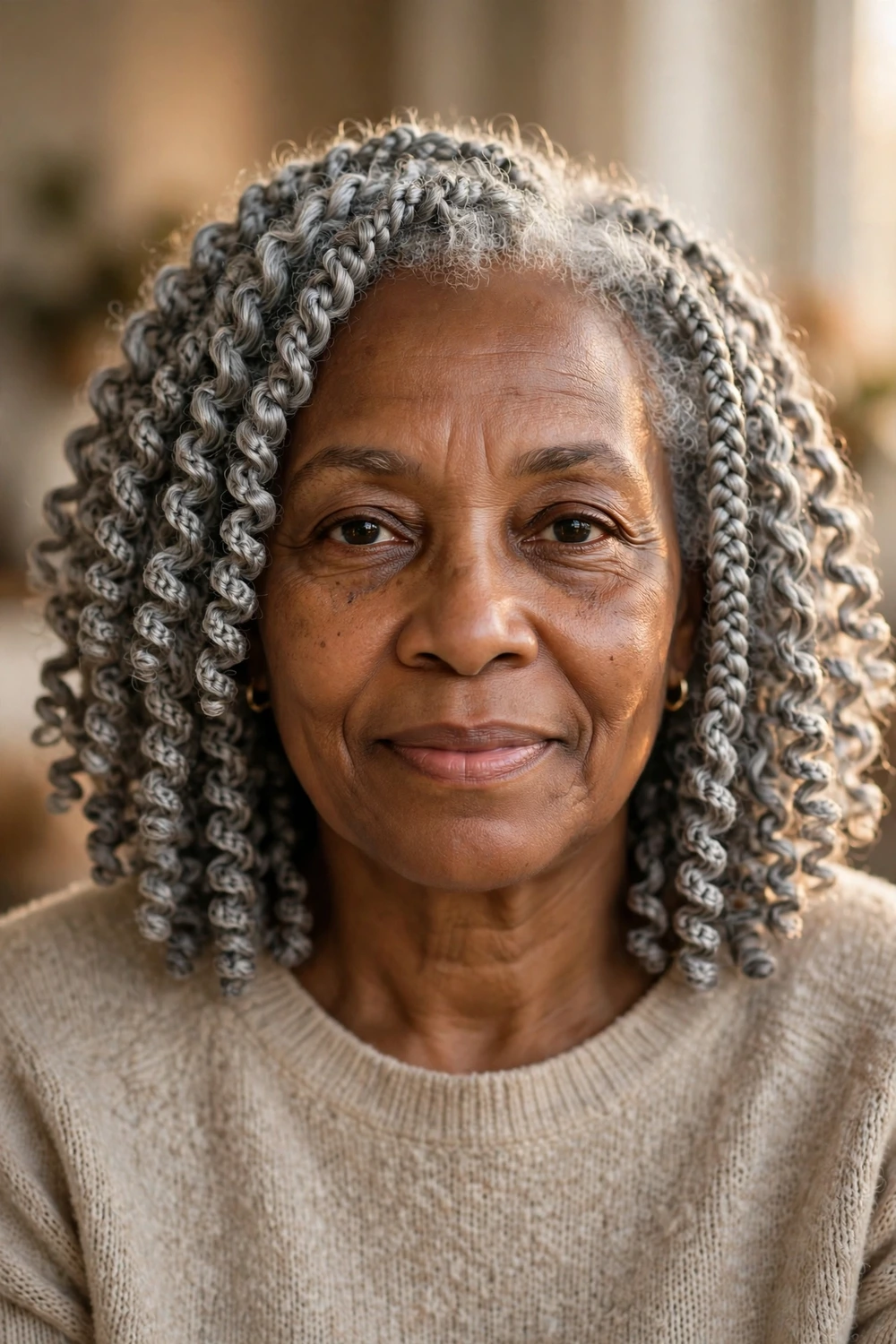Black woman in her 60s with shoulder-length curly gray crochet braids