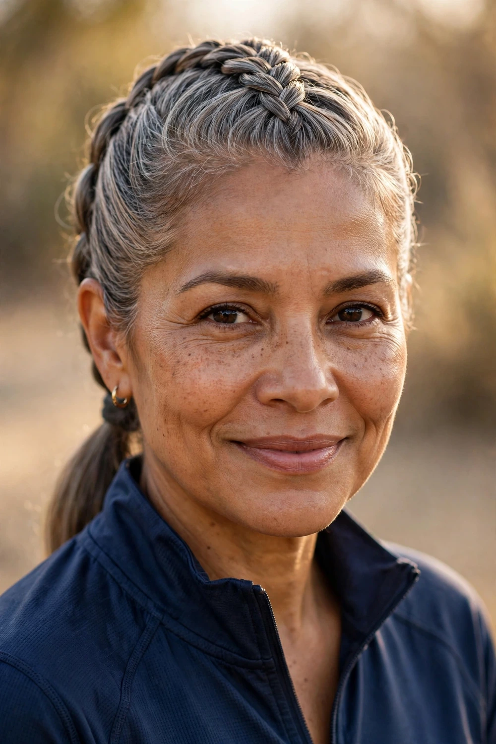 Latina woman in her mid 50s with a gray Dutch braid from the crown into a sleek low ponytail
