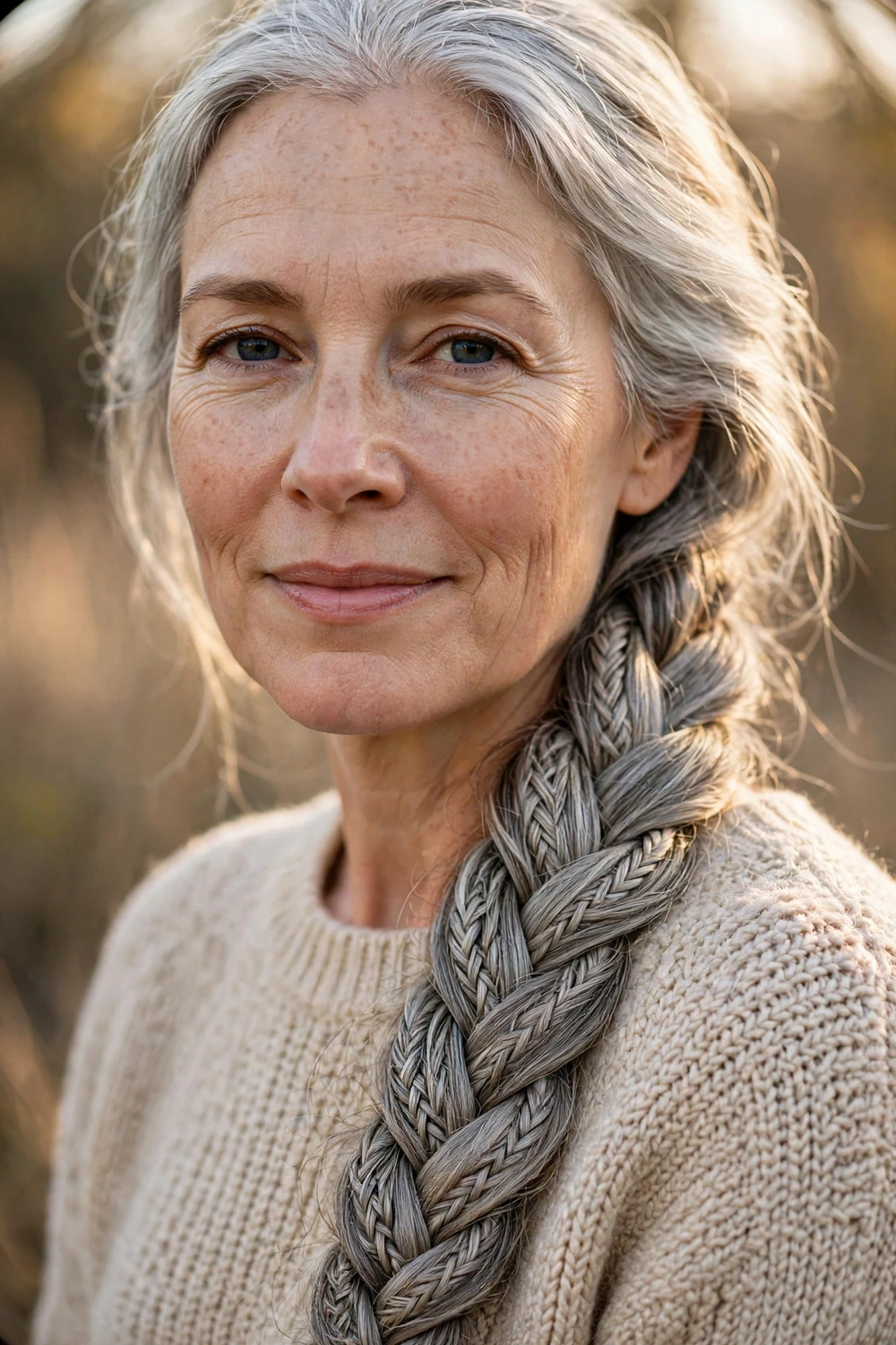 White woman in her early 50s with a long silver fishtail braid over one shoulder