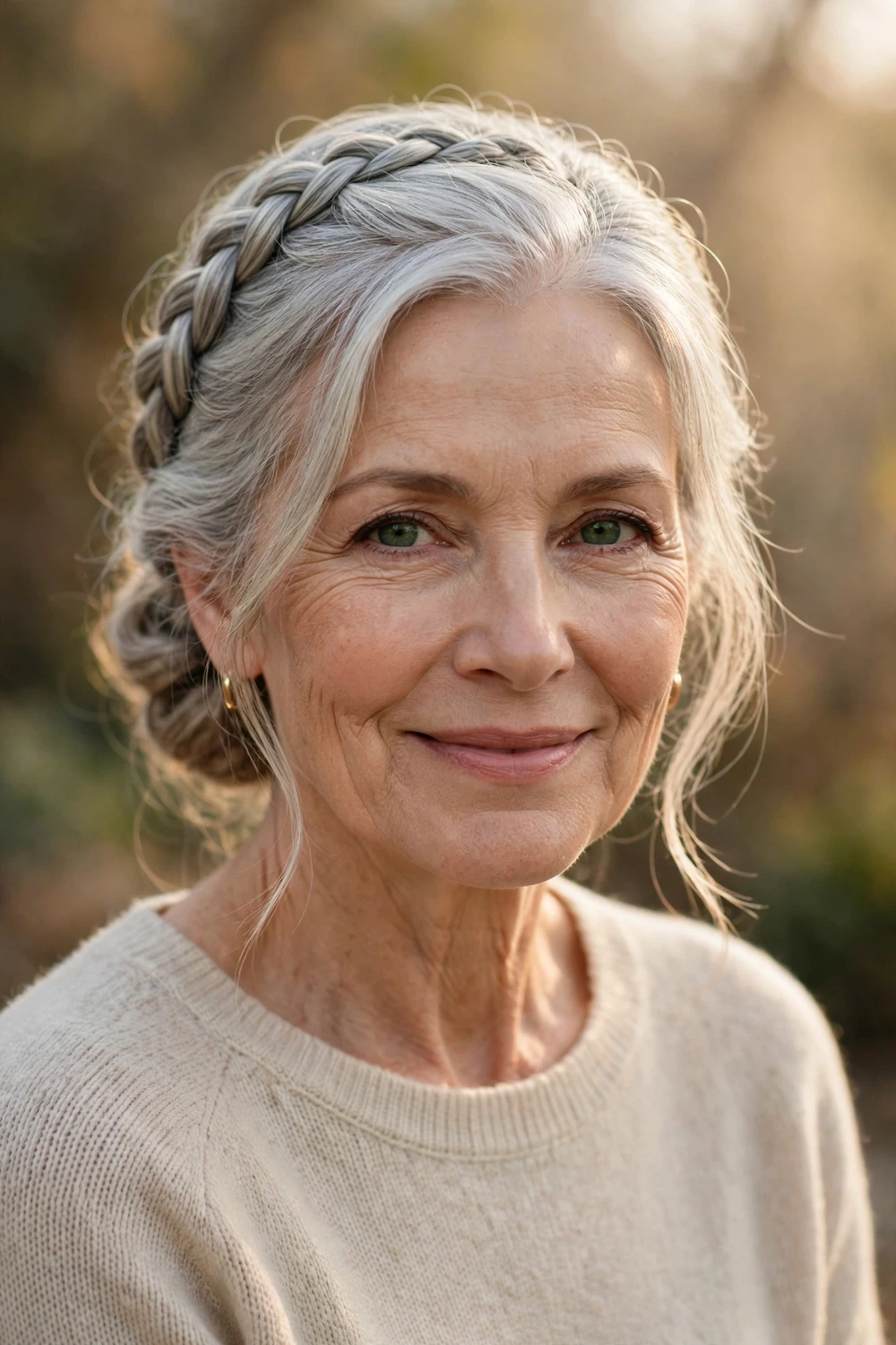 White woman in her 60s with silver-gray hair in a French braid gathered into a soft low updo