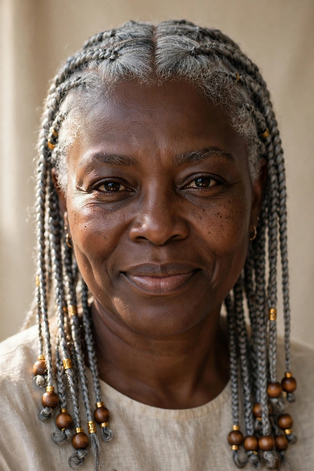 Black woman in her early 50s with gray Fulani braids, center part, wooden beads and gold cuffs