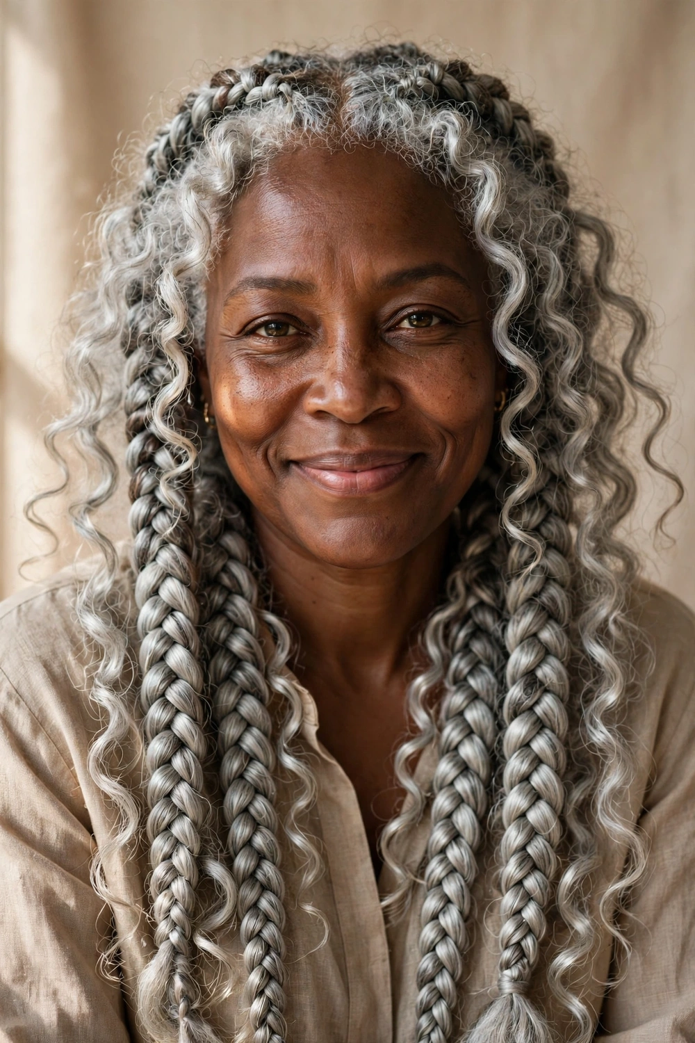 Black woman in her late 40s with gray goddess braids and loose curly silver ends
