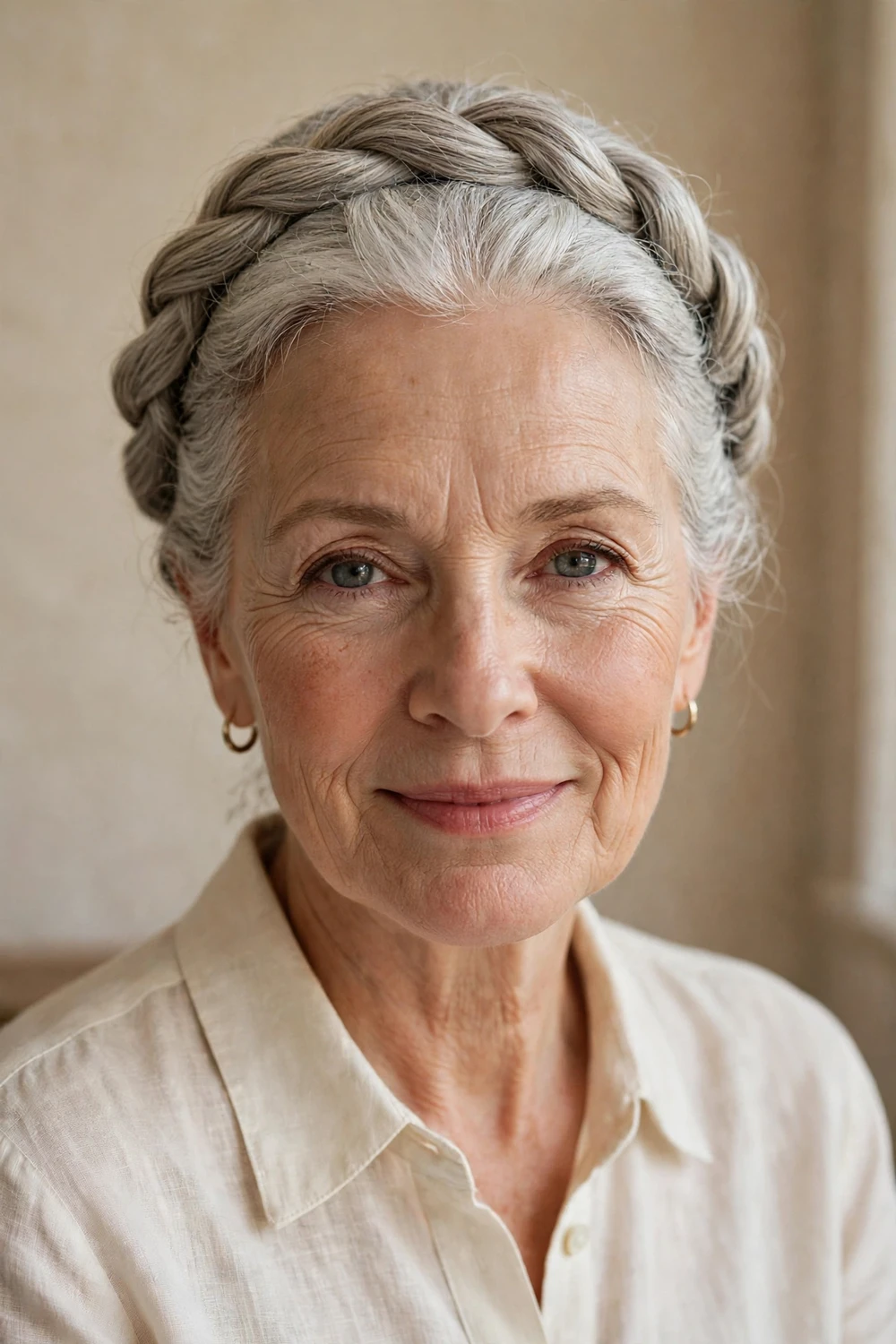 White woman in her 60s with silver hair in a twisted halo updo around the crown