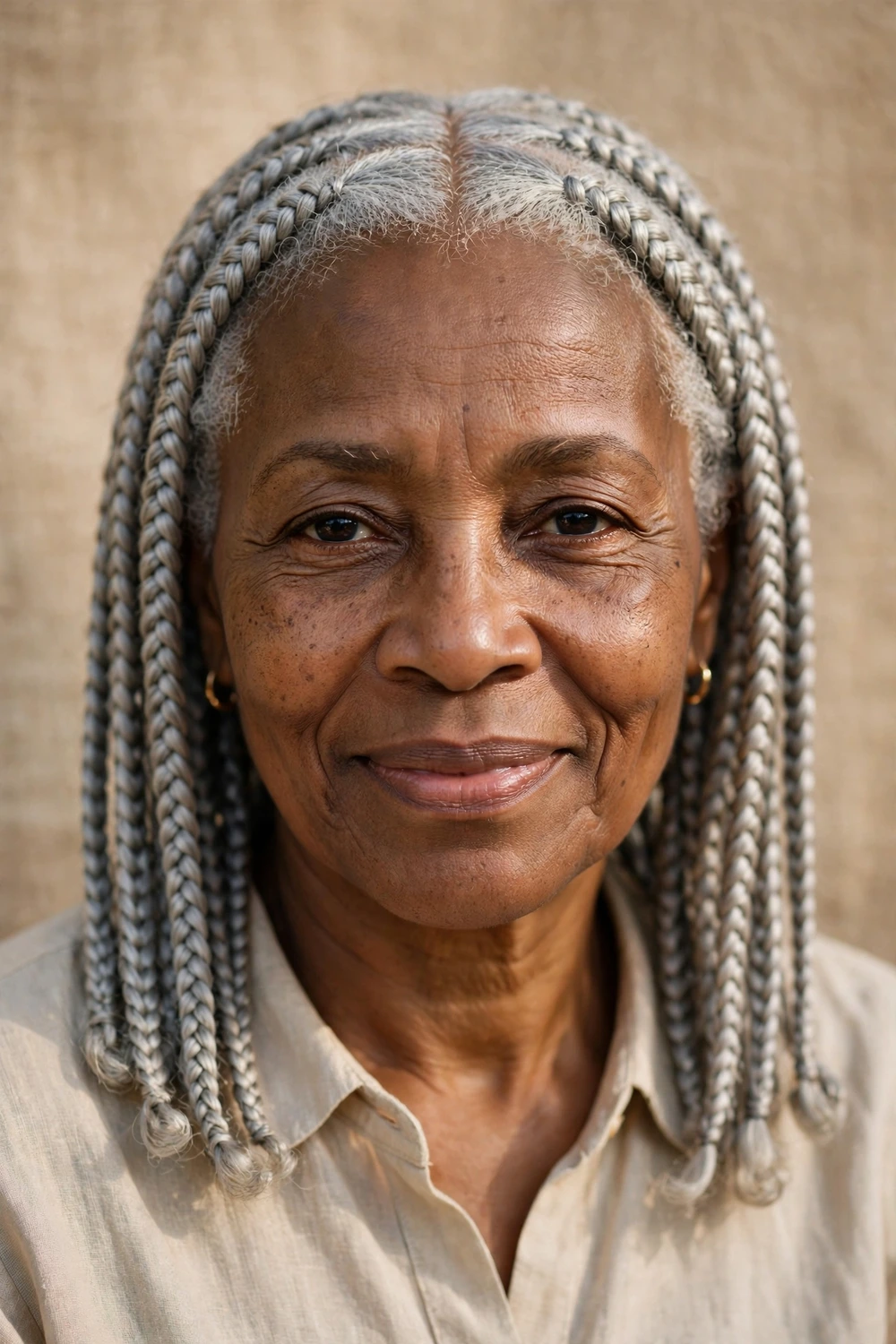 Black woman in her 60s with shoulder-length gray knotless braids in soft silver with a middle part