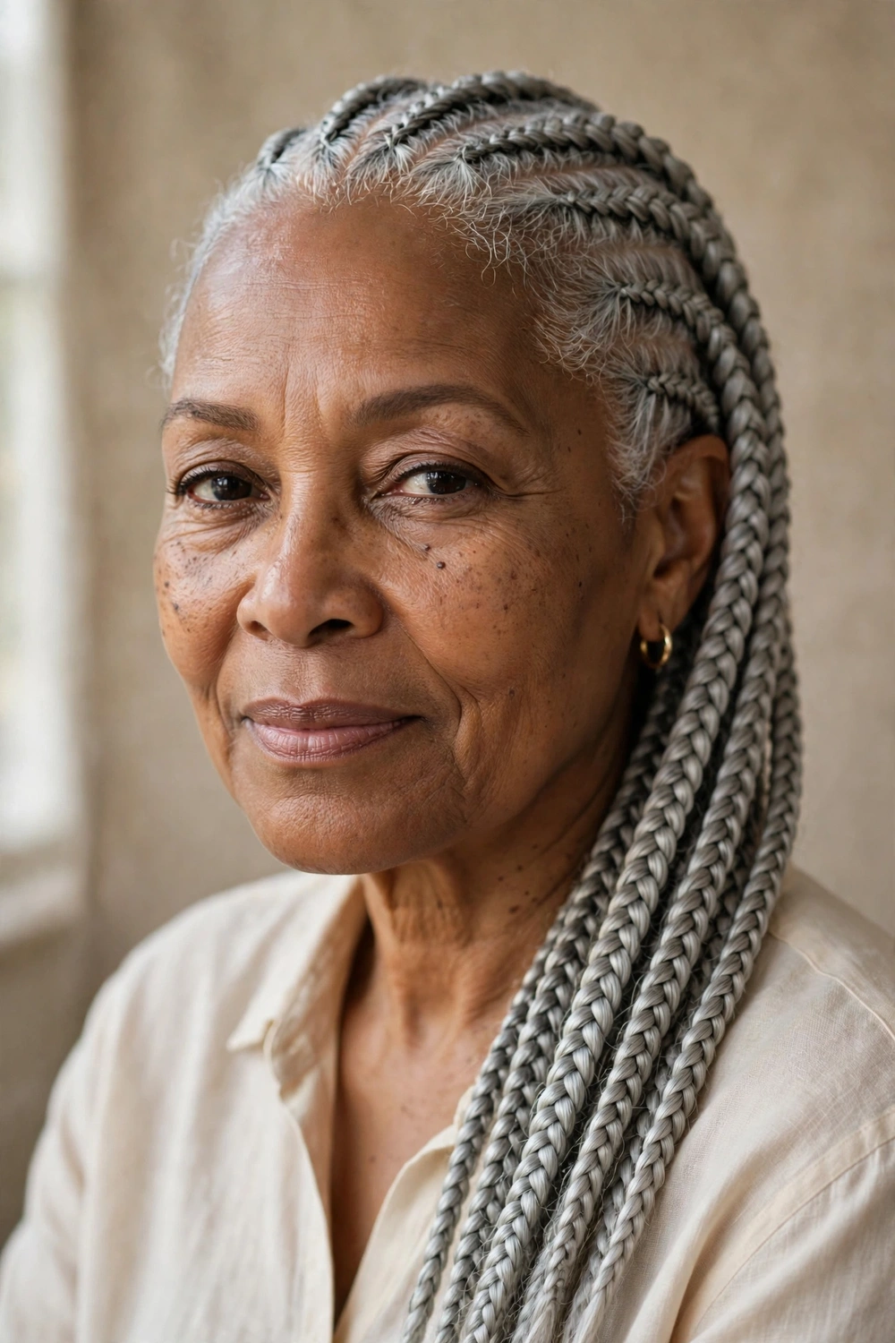 Black woman in her 60s with sleek gray lemonade braids swept to one side