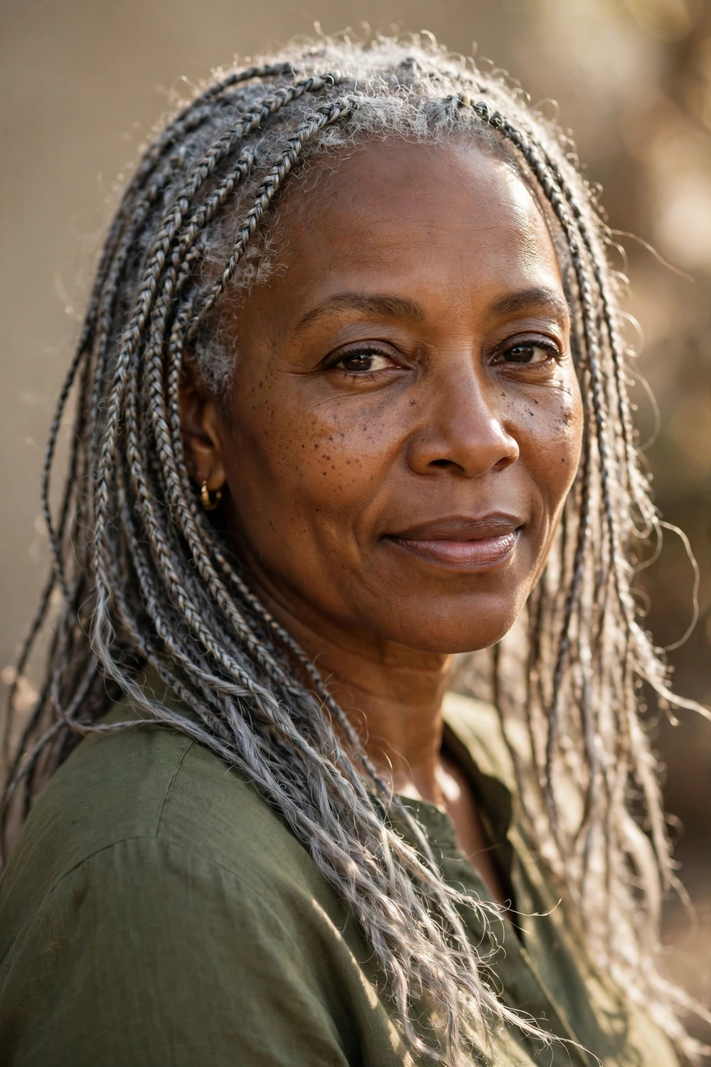 Black woman in her early 50s with fine gray micro braids worn loose past her shoulders