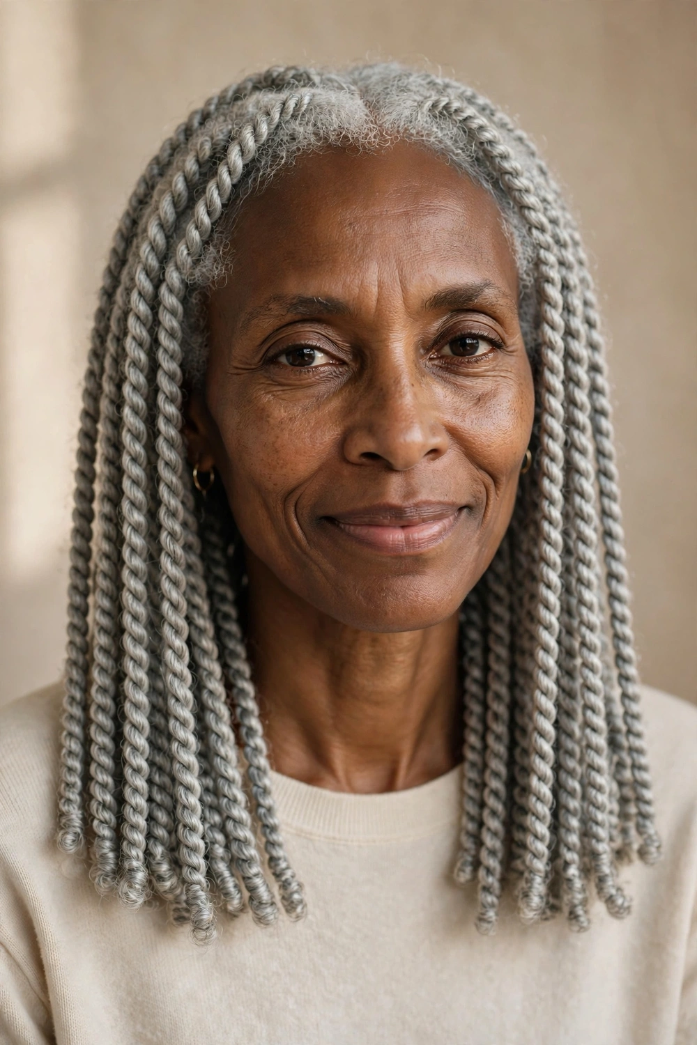 Black woman in her mid 50s with shoulder-length gray Senegalese rope twists