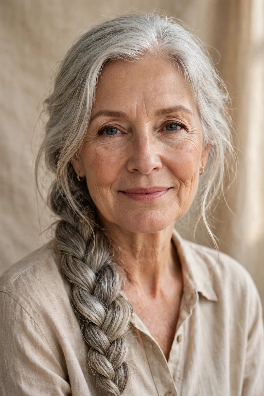 White woman in her 60s with long silver hair in a loose Dutch braid swept over one shoulder