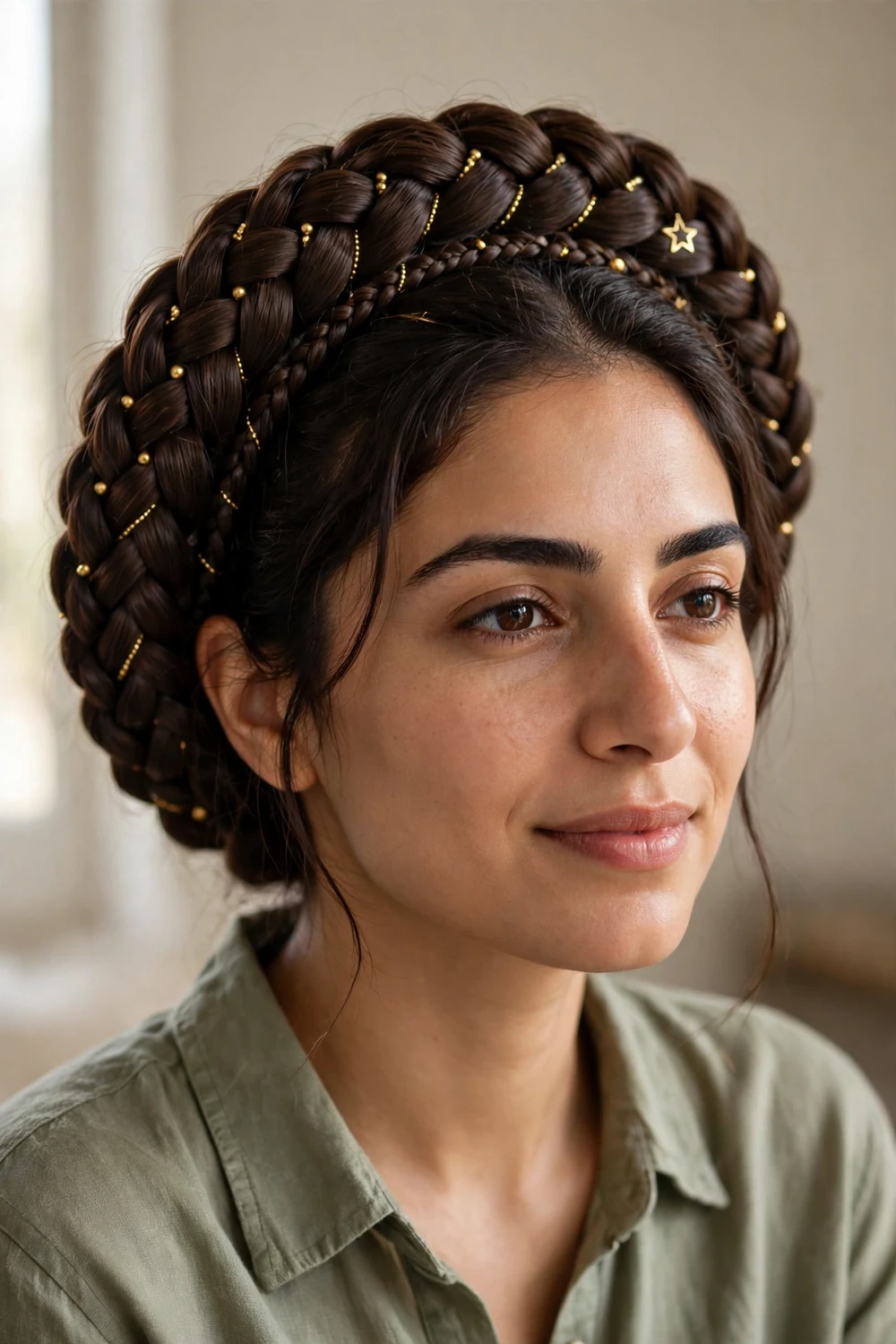 Braided halo crown with gold beads and star clip, a festive Christmas braided hairstyle