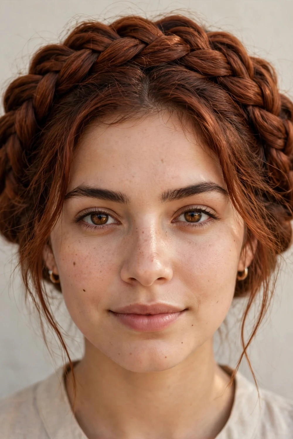 Young woman with long auburn hair in a thick braided halo crown wrapped all around her head, romantic bohemian updo