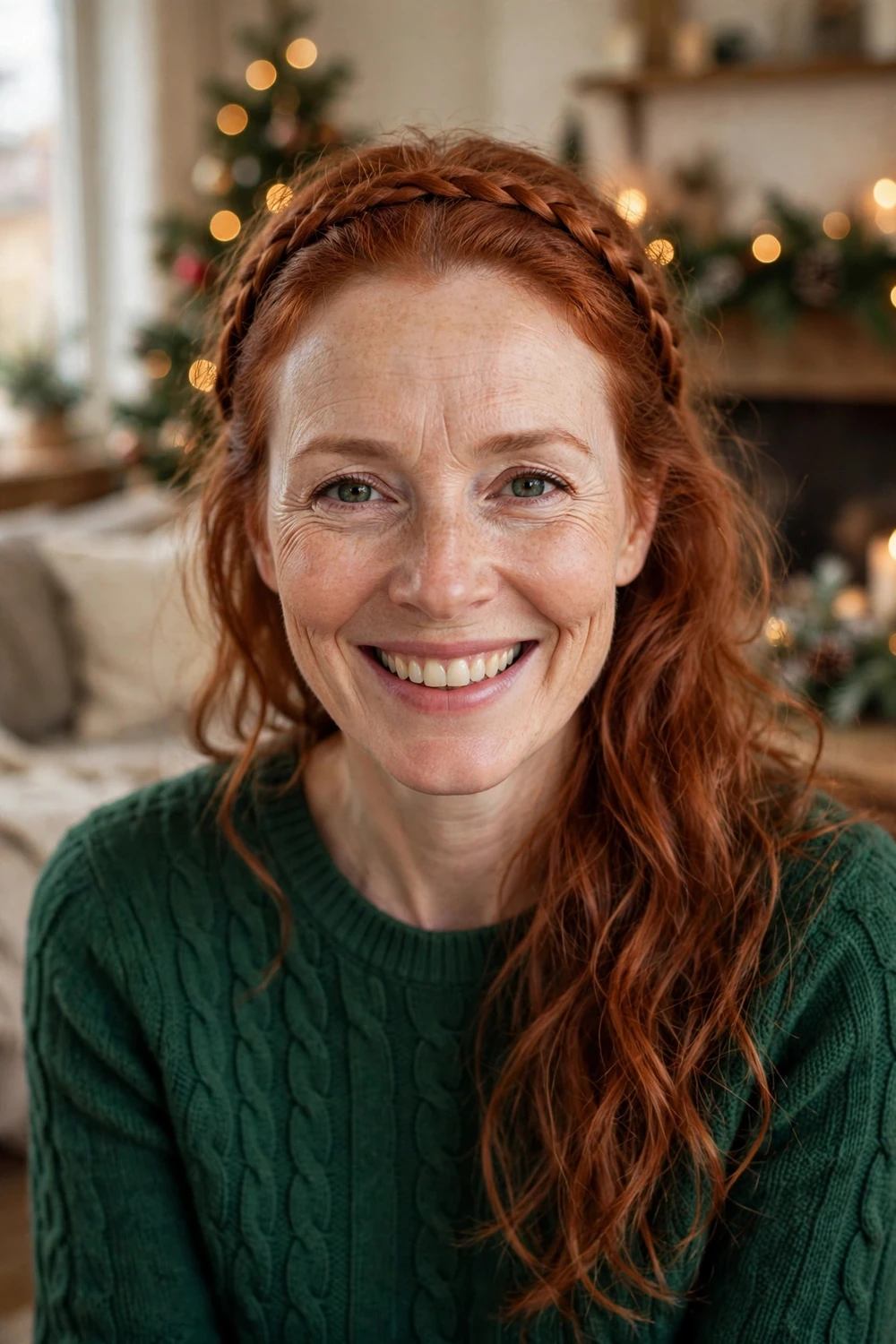 Woman with single braid worn as a headband across the crown