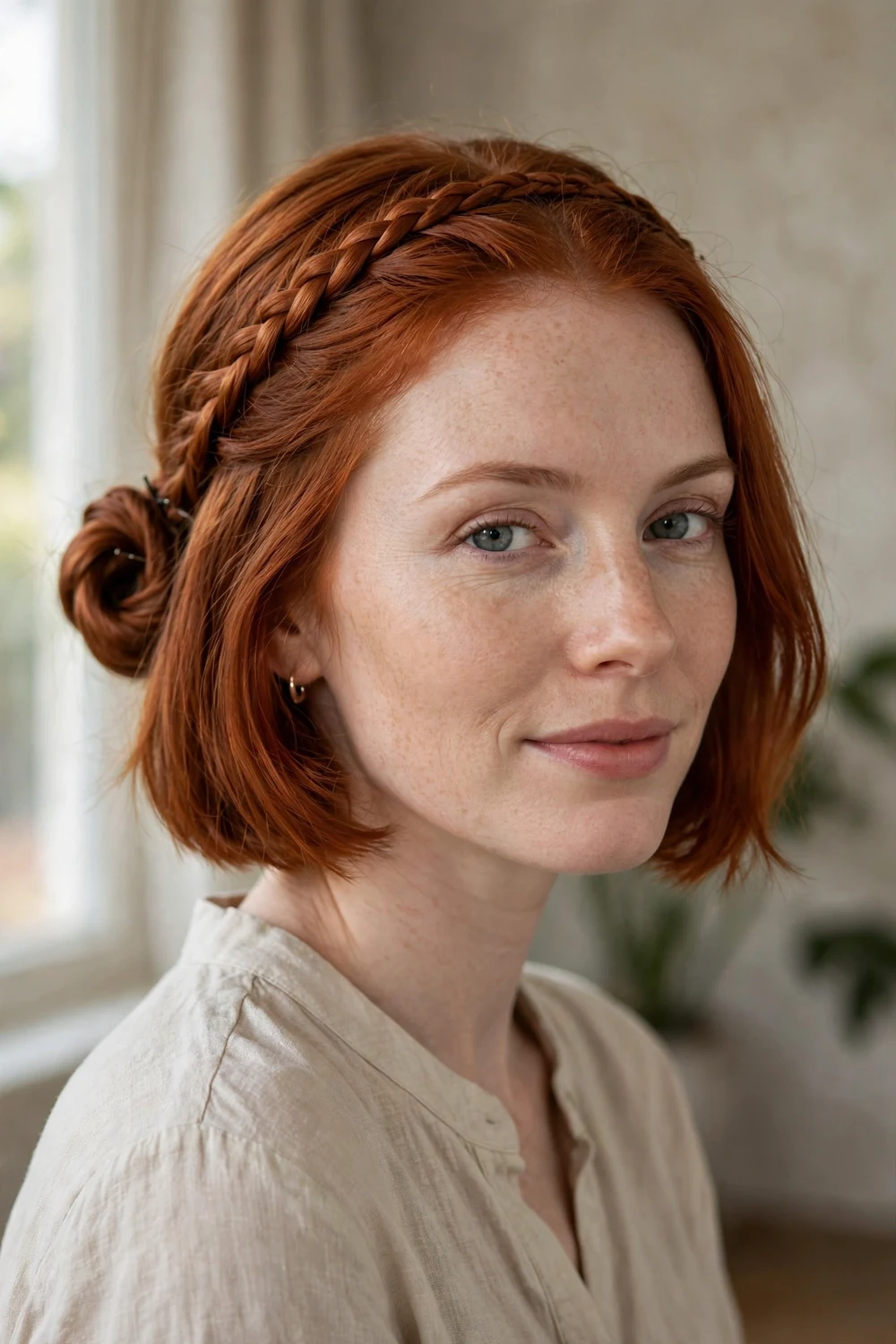 Braided headband across the crown with a low bun on a chin length red bob