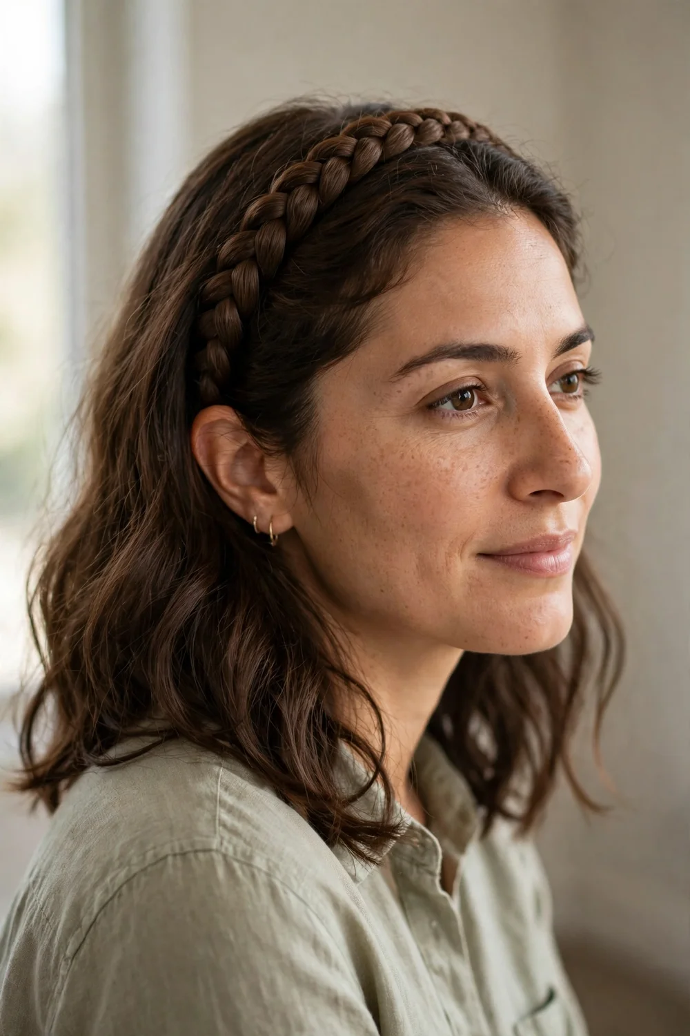Woman with brown medium-length hair wearing a braid pinned across her head like a headband