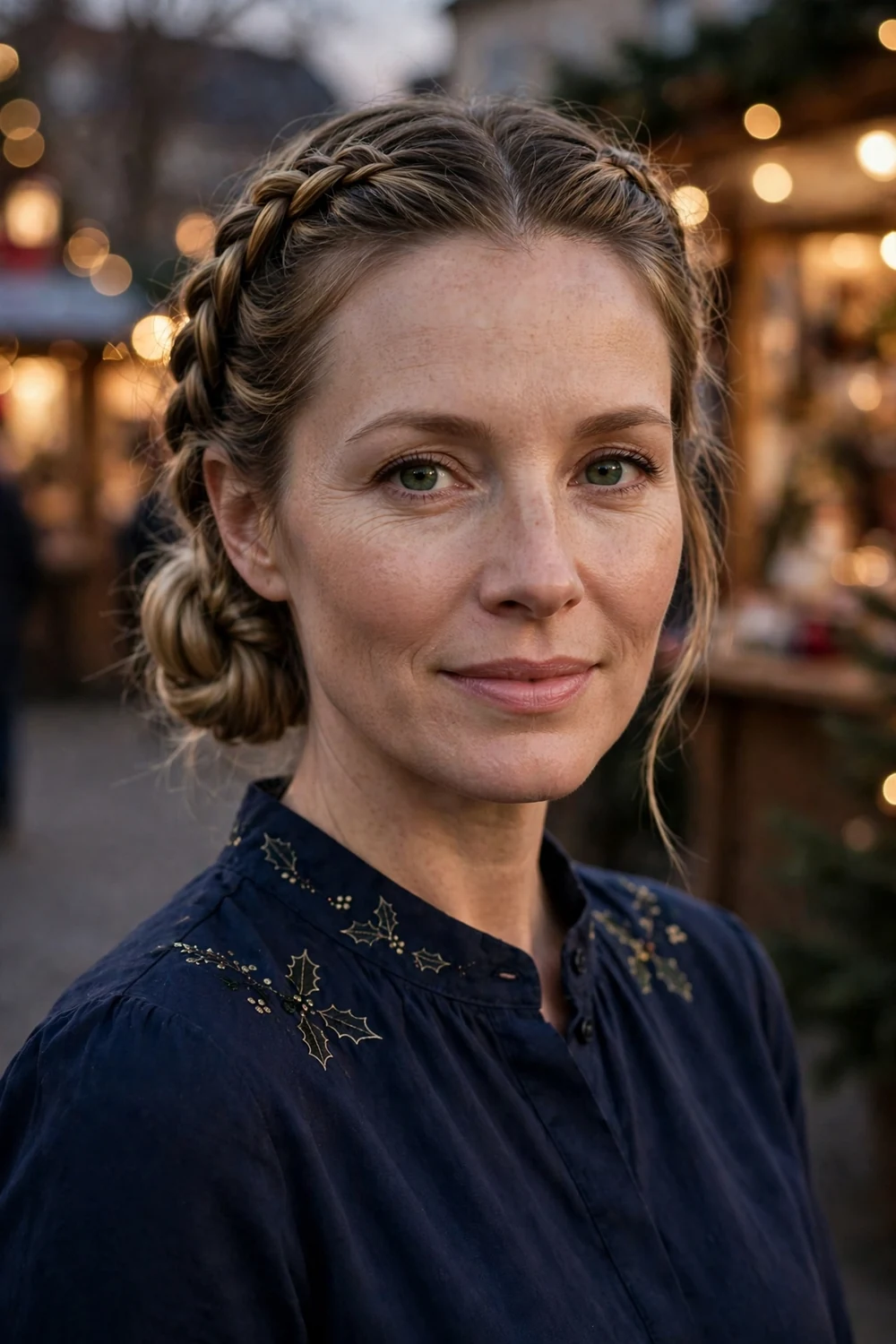 Woman with dutch braids leading into low bun with pine and berry accents