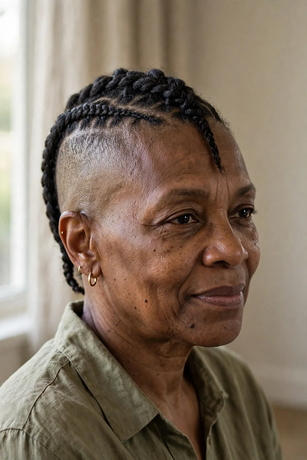 Older Black woman with a braided mohawk crest and shaved sides