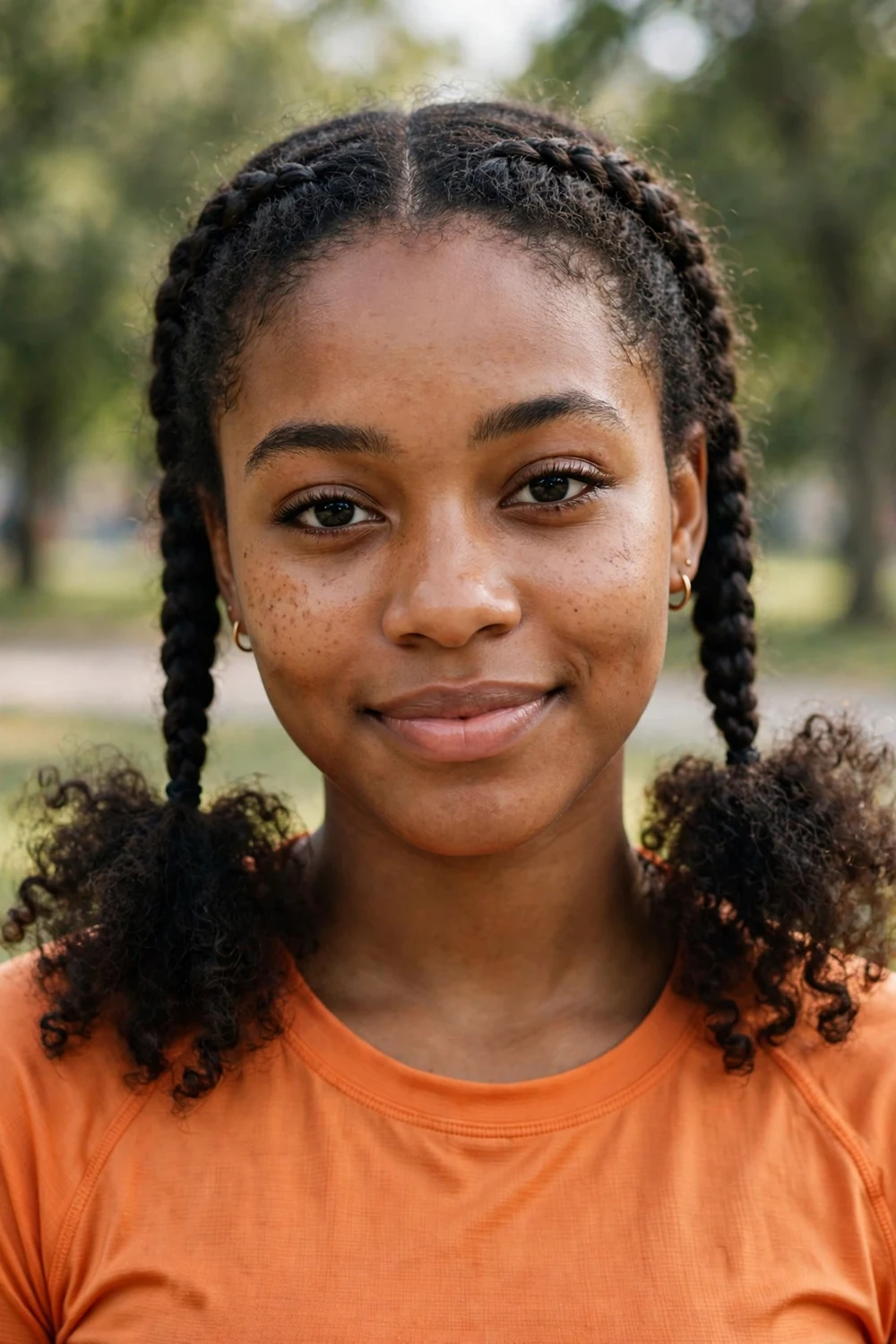 Young woman with an oval face wearing two French braids ending in loose curly ends