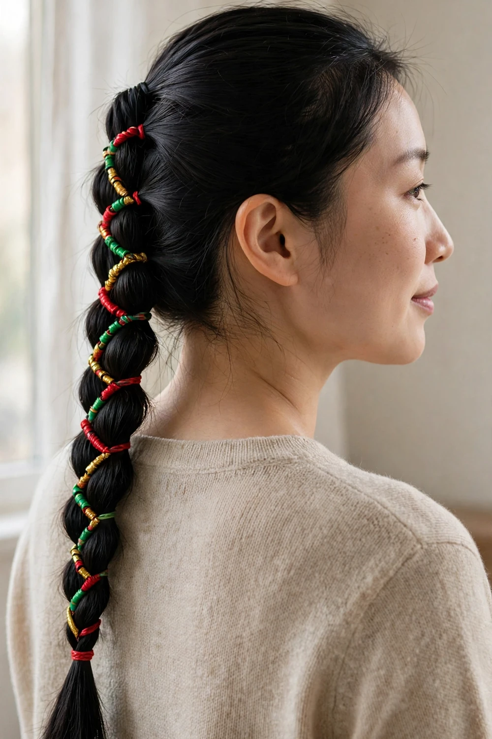 Braided ponytail wrapped with small red, green and gold elastic bands like a garland