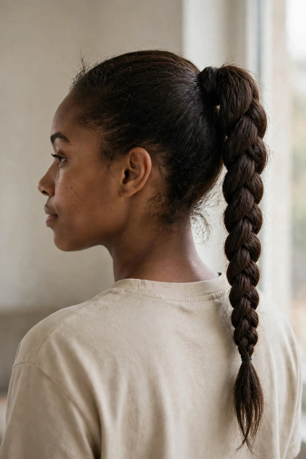 Woman with dark brown medium-length hair in a high ponytail braided down its length