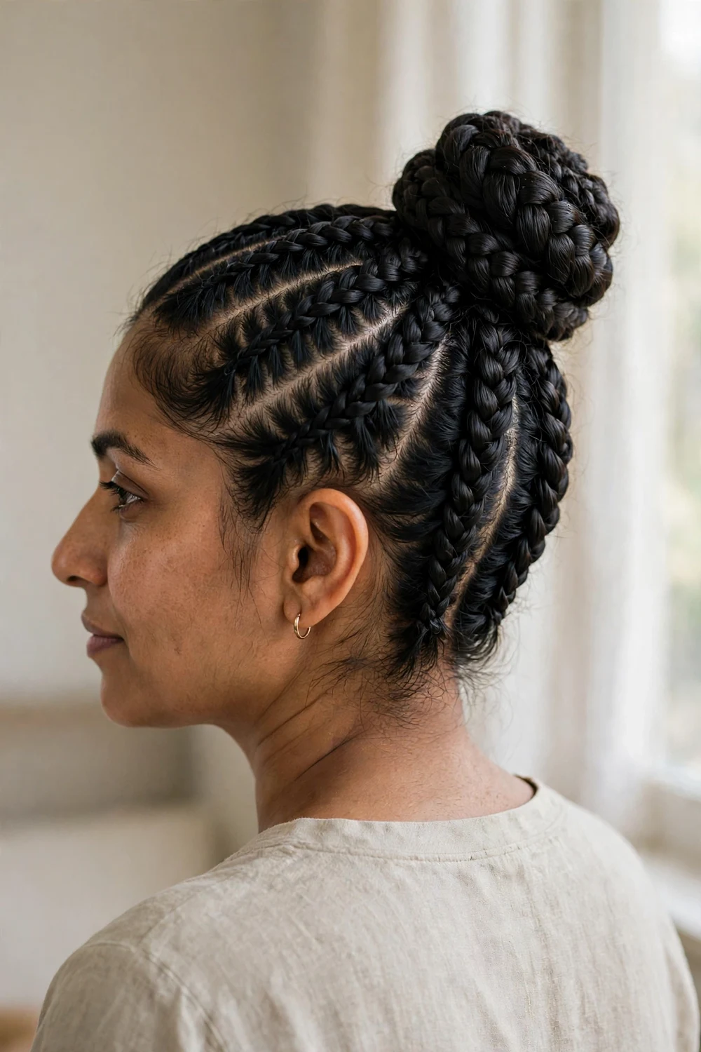 Multiple Dutch braids feeding into a high braided top bun