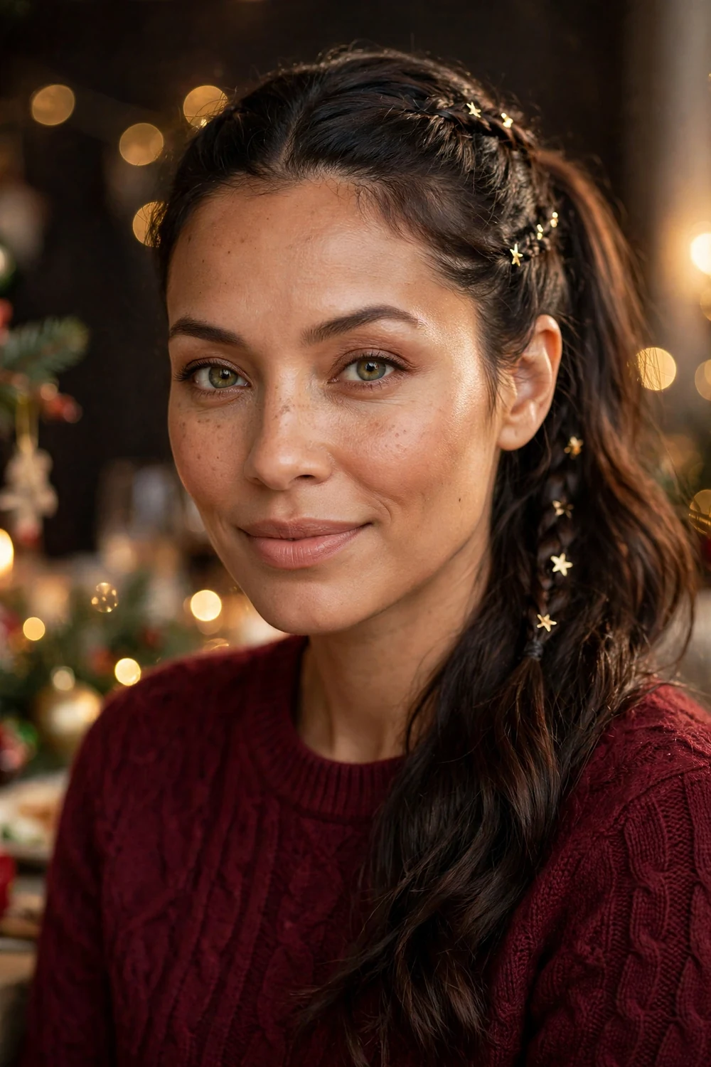 Woman with braided ponytail decorated with star clips and snowflake charms